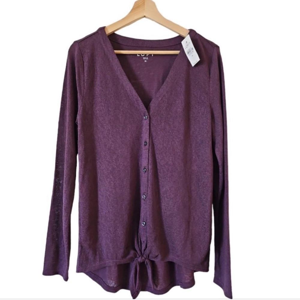 LOFT Medium purple v-neck button down cardigan with tie